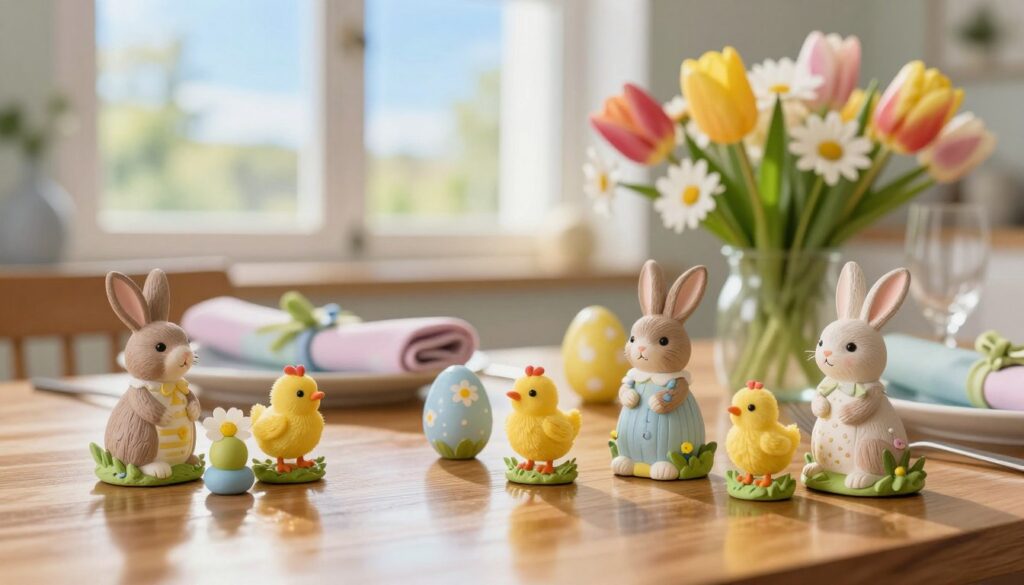 A beautifully arranged Easter table setting featuring charming decorative figurines inspired by springtime motifs. In the foreground, a colorful array of handcrafted figurines depicting rabbits, chicks, and flowers, enhancing the festive atmosphere. The middle ground showcases an elegantly folded pastel napkin and vibrant floral arrangements, including tulips and daisies, with their reflections subtly gleaming on a polished wooden table. In the background, a softly lit window reveals a hint of natural greenery and a bright blue sky, allowing warm sunlight to filter in, creating a cozy environment. The image captures a joyful and inviting mood, perfect for celebrating the Easter holiday, with gentle shadows and a focus that highlights the intricate details of the figurines and floral decor. A beautifully arranged Easter table setting featuring charming decorative figurines inspired by springtime motifs. In the foreground, a colorful array of handcrafted figurines depicting rabbits, chicks, and flowers, enhancing the festive atmosphere. The middle ground showcases an elegantly folded pastel napkin and vibrant floral arrangements, including tulips and daisies, with their reflections subtly gleaming on a polished wooden table. In the background, a softly lit window reveals a hint of natural greenery and a bright blue sky, allowing warm sunlight to filter in, creating a cozy environment. The image captures a joyful and inviting mood, perfect for celebrating the Easter holiday, with gentle shadows and a focus that highlights the intricate details of the figurines and floral decor.