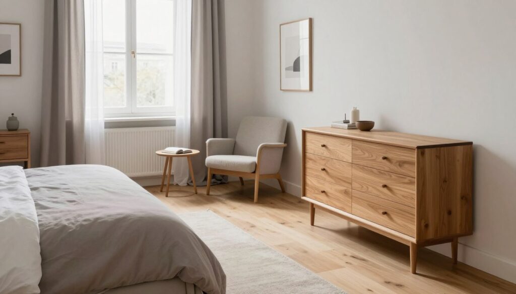 A beautifully arranged Scandinavian bedroom showcasing simplicity and functionality. In the foreground, a sleek, minimalistic Danish dresser in warm wood tones complements soft, muted pastel bedding. To the side, a cozy reading nook features a comfortable armchair and a small side table. In the middle ground, natural light spills through large windows adorned with sheer curtains, illuminating a light-colored rug on a wooden floor. The background features minimalist wall art, adding a touch of personality without overwhelming the space. The overall atmosphere is serene and inviting, with a palette of soft whites, grays, and earthy tones. Capture this scene from a slightly elevated angle to emphasize the spaciousness and airy feel of the room. Aim for a warm, natural lighting effect that enhances the cozy ambiance.