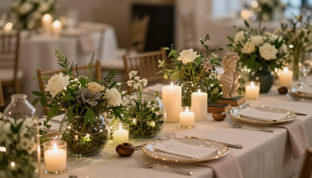 A beautifully arranged alternative wedding table setting, showcasing innovative decor options instead of traditional bouquets. In the foreground, feature elegant glass terrariums with lush greenery and delicate flowers, intertwined with soft fairy lights. The middle ground includes simple yet stylish candle arrangements in various heights, surrounded by unique decorative elements like vintage books and artistic sculptures. In the background, a tastefully draped tablecloth adds a sense of luxury, with soft, ambient lighting that creates a warm and inviting atmosphere. The composition should focus on a balanced aesthetic, promoting an elegant yet unconventional wedding decor style. Capture the scene from a slightly elevated angle to provide depth and visual interest, ensuring the mood is romantic and creative. A beautifully arranged alternative wedding table setting, showcasing innovative decor options instead of traditional bouquets. In the foreground, feature elegant glass terrariums with lush greenery and delicate flowers, intertwined with soft fairy lights. The middle ground includes simple yet stylish candle arrangements in various heights, surrounded by unique decorative elements like vintage books and artistic sculptures. In the background, a tastefully draped tablecloth adds a sense of luxury, with soft, ambient lighting that creates a warm and inviting atmosphere. The composition should focus on a balanced aesthetic, promoting an elegant yet unconventional wedding decor style. Capture the scene from a slightly elevated angle to provide depth and visual interest, ensuring the mood is romantic and creative.