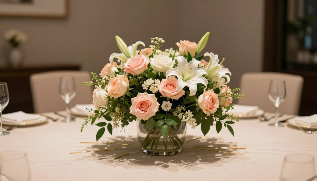 A beautifully arranged centerpiece for a round table, featuring an elegant floral arrangement of soft pastel roses and delicate white lilies. The flowers are complemented by lush green foliage, all artfully placed within a sleek, modern glass vase. Surrounding the vase, subtle golden decorative accents add a touch of sophistication. The table is set with light, airy table linens in soft beige tones that enhance the ethereal atmosphere. Ambient lighting casts a warm glow, creating an inviting environment. The background suggests a tasteful dining room with muted colors and minimalistic design elements, ensuring that the focus remains on the striking centerpiece. The overall mood is fresh and harmonious, embodying a sense of balance and grace.
