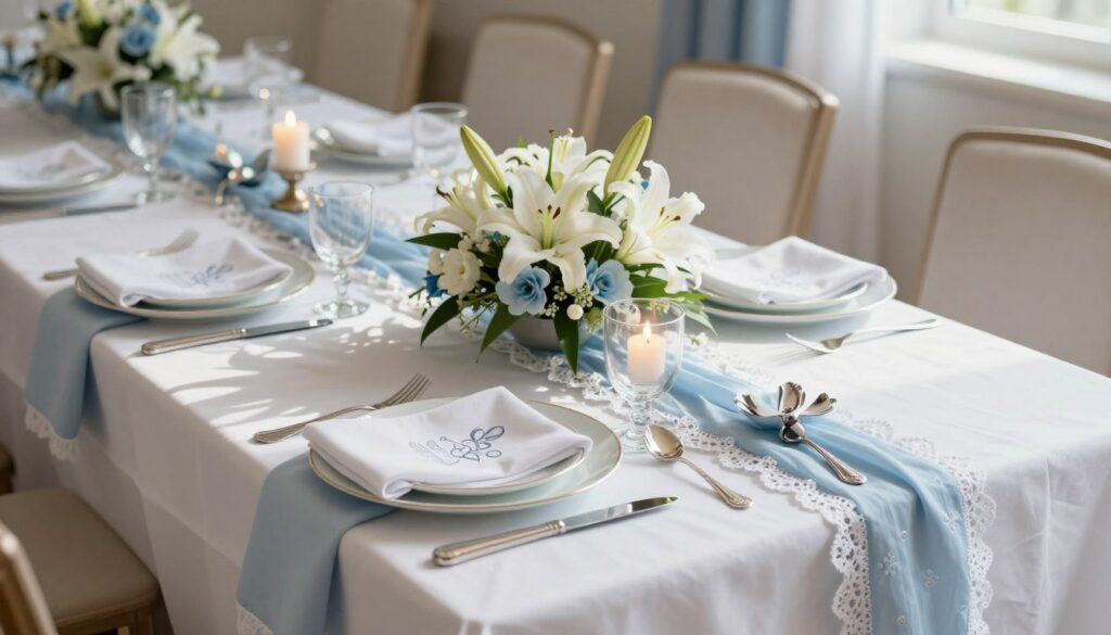 A beautifully arranged communion table setting for a boy, featuring elegant decor and textiles. In the foreground, a crisp white tablecloth adorned with delicate lace trim, complemented by pastel blue and silver decorations. The centerpiece showcases a small, charming floral arrangement of white lilies and soft blue accents. In the middle ground, stylish place settings include polished silver cutlery and fine china, each plate topped with a monogrammed napkin folded in an artistic way. A subtle glow of warm candlelight enhances the atmosphere. In the background, soft-focus elements like draped fabric and garlands create an inviting ambiance, while natural sunlight streams in, casting gentle shadows. The mood is serene and sophisticated, perfectly capturing the essence of a memorable communion celebration.