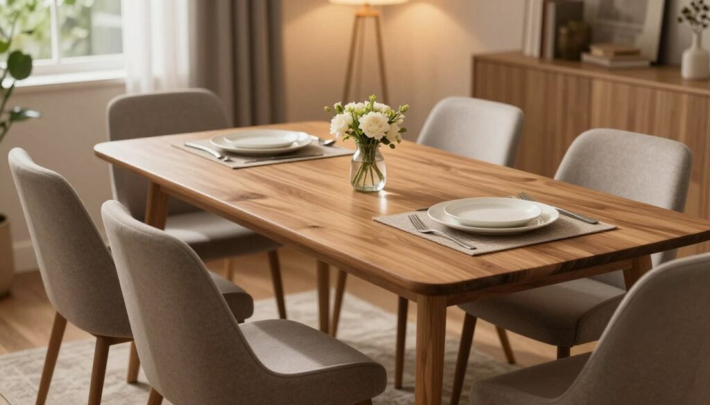 A beautifully arranged dining space featuring a wooden table surrounded by elegant chairs. In the foreground, the table is set with tasteful tableware, including placemats, plates, and a small vase of fresh flowers. The middle of the scene showcases the chairs, designed in a modern yet classic style, placed neatly around the table, inviting for a meal. The background reveals soft lighting, casting a warm glow that enhances the cozy atmosphere, with subtle shadows highlighting the shapes of the furniture. There’s a hint of greenery visible through a window, adding freshness and life to the scene. The angle is slightly elevated, allowing a clear view of both the table and chairs, creating an inviting ambiance perfect for dining and gatherings.