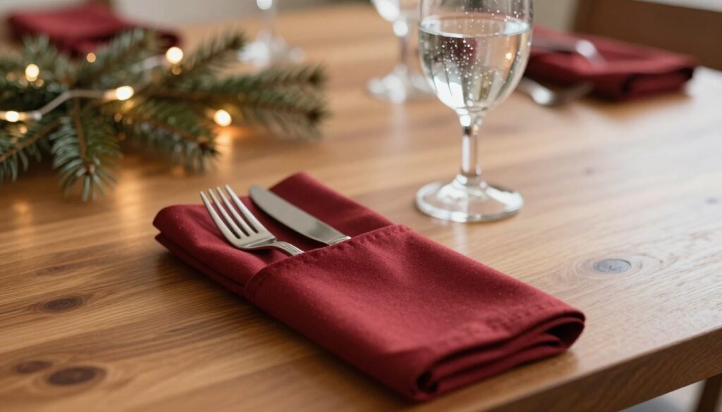A beautifully arranged dining table featuring a sophisticated napkin fold technique showcasing a cutlery pocket. In the foreground, a neatly folded, festive paper napkin in a deep red color forms a pocket that elegantly holds a fork and knife. In the middle, the polished wooden table is set with elegant dinnerware and a glass of sparkling water, casting soft reflections. The background features a warm, softly lit atmosphere with subtle holiday decorations, like twinkling lights and pine branches, enhancing the festive mood. The lighting is warm and inviting, with a slight bokeh effect applied to the background, creating a cozy dining experience perfect for holiday gatherings or special occasions. The scene conveys a sense of elegance and celebration. A beautifully arranged dining table featuring a sophisticated napkin fold technique showcasing a cutlery pocket. In the foreground, a neatly folded, festive paper napkin in a deep red color forms a pocket that elegantly holds a fork and knife. In the middle, the polished wooden table is set with elegant dinnerware and a glass of sparkling water, casting soft reflections. The background features a warm, softly lit atmosphere with subtle holiday decorations, like twinkling lights and pine branches, enhancing the festive mood. The lighting is warm and inviting, with a slight bokeh effect applied to the background, creating a cozy dining experience perfect for holiday gatherings or special occasions. The scene conveys a sense of elegance and celebration.
