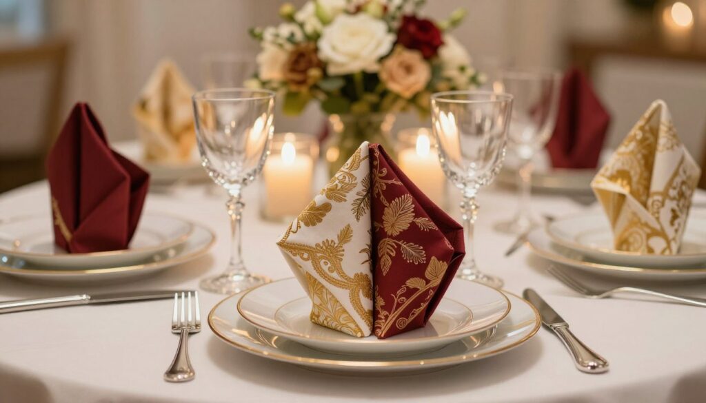 A beautifully arranged dining table featuring creative napkin folding patterns for special occasions. In the foreground, elegantly folded cloth napkins in various intricate designs, showcasing colors like deep red, gold, and ivory, creating a lavish feel. In the middle, the table is set with fine china, crystal glassware, and polished silverware, highlighting a sophisticated ambiance. The background features soft, ambient lighting with gentle candlelight casting warm glows. A decorative centerpiece of fresh flowers enhances the elegance of the scene. The overall atmosphere is inviting and festive, designed to inspire creativity in table setting for memorable gatherings. The image should evoke an air of refinement and charm, suitable for showcasing decorative table arrangements.