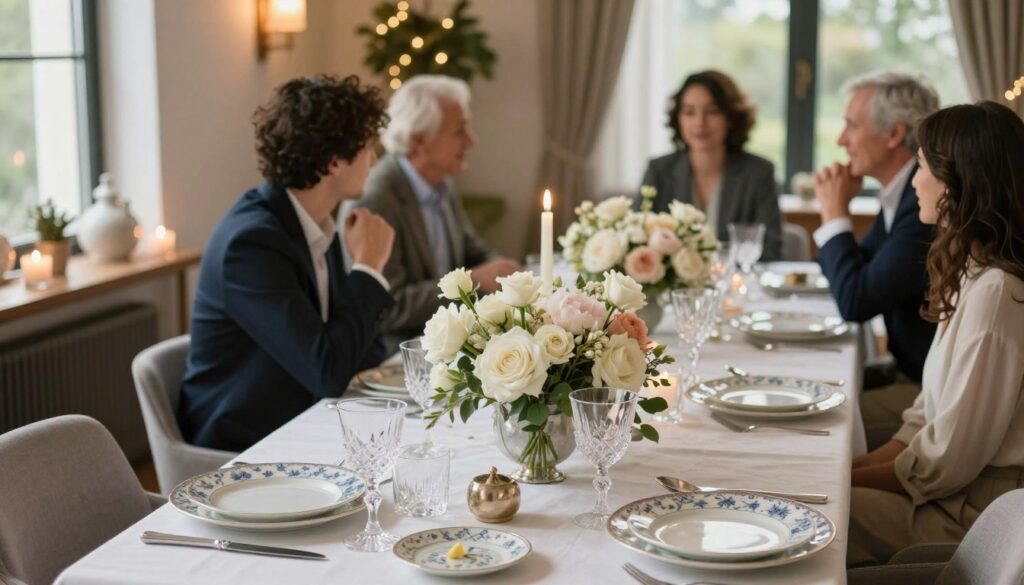A beautifully arranged dining table set for a sophisticated 50th birthday celebration, showcasing a harmonious balance of elegance and comfort. In the foreground, plates with delicate porcelain patterns, sparkling crystal glasses, and lush floral centerpieces made of white roses and pastel peonies take center stage. The middle ground features guests elegantly dressed in smart casual attire, engaged in friendly conversation, radiating warmth and joy. The background includes softly lit decorative elements like string lights and gentle candle glow, enhancing the inviting atmosphere. Natural light filters through large windows, casting a soft glow that illuminates the scene and creates a welcoming mood. Emphasize a sense of ergonomics, with comfortable seating arrangements and well-proportioned table settings, inviting guests to linger and enjoy the celebration. A beautifully arranged dining table set for a sophisticated 50th birthday celebration, showcasing a harmonious balance of elegance and comfort. In the foreground, plates with delicate porcelain patterns, sparkling crystal glasses, and lush floral centerpieces made of white roses and pastel peonies take center stage. The middle ground features guests elegantly dressed in smart casual attire, engaged in friendly conversation, radiating warmth and joy. The background includes softly lit decorative elements like string lights and gentle candle glow, enhancing the inviting atmosphere. Natural light filters through large windows, casting a soft glow that illuminates the scene and creates a welcoming mood. Emphasize a sense of ergonomics, with comfortable seating arrangements and well-proportioned table settings, inviting guests to linger and enjoy the celebration.