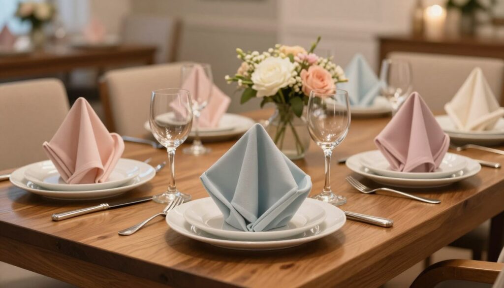 A beautifully arranged dining table set for an elegant meal, showcasing a variety of folded napkins placed perfectly atop white porcelain plates. The napkins, in soft pastel colors, are intricately shaped, demonstrating respect for dining etiquette. In the foreground, a polished wooden table is adorned with elegant glassware and polished silverware, glistening under soft, warm lighting. The middle-ground features tasteful floral centerpieces in simple vases, enhancing the atmosphere. The background includes softly blurred images of chairs and a softly lit room, conveying a cozy yet sophisticated dining environment. The composition has a serene, inviting mood, perfect for a formal gathering or celebration, captured from a slightly elevated angle to highlight the table setting clearly.