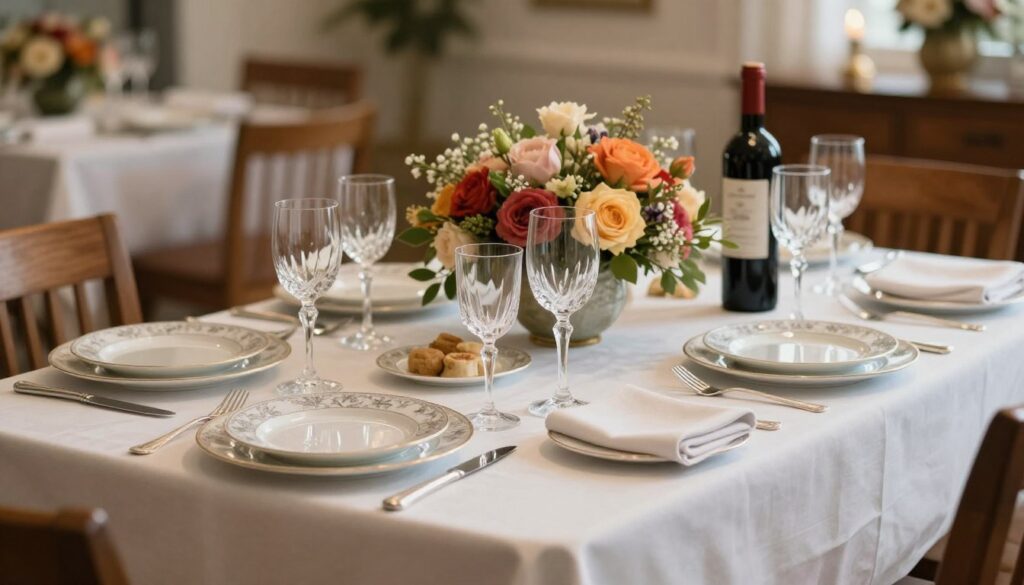 A beautifully arranged dining table set for various occasions, featuring elegant tableware. In the foreground, a pristine white tablecloth drapes over a polished wooden table. Perfectly aligned, fine china plates with intricate patterns are paired with gleaming silver cutlery. Crystal wine glasses catch the light, showcasing a bottle of red wine beside them. In the middle, lush floral centerpieces in vibrant colors create a warm and inviting atmosphere, while neatly folded cloth napkins add a touch of sophistication. In the background, soft ambient lighting highlights the scene, evoking a cozy, celebratory mood. The angle captures the elegant details and arrangement, with a shallow depth of field that blurs the surrounding room, focusing the viewer's attention on the exquisite setting. A beautifully arranged dining table set for various occasions, featuring elegant tableware. In the foreground, a pristine white tablecloth drapes over a polished wooden table. Perfectly aligned, fine china plates with intricate patterns are paired with gleaming silver cutlery. Crystal wine glasses catch the light, showcasing a bottle of red wine beside them. In the middle, lush floral centerpieces in vibrant colors create a warm and inviting atmosphere, while neatly folded cloth napkins add a touch of sophistication. In the background, soft ambient lighting highlights the scene, evoking a cozy, celebratory mood. The angle captures the elegant details and arrangement, with a shallow depth of field that blurs the surrounding room, focusing the viewer's attention on the exquisite setting.