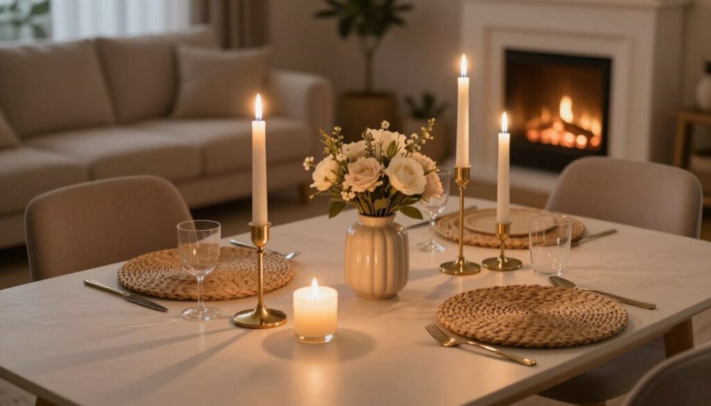 A beautifully arranged dining table set in a cozy living room, featuring elegant candle holders ("świeczniki") of various heights, made of polished gold and glass. In the foreground, soft, flickering candlelight casts warm, inviting shadows on the table surface. The middle ground showcases an assortment of decorative elements, such as a tasteful floral arrangement in a delicate vase, and woven placemats that add texture. In the background, plush, neutral-colored couches and a softly glowing fireplace create a serene atmosphere, enhancing the warmth of the space. The scene is bathed in soft, ambient lighting, captured from a slightly elevated angle to emphasize depth and intimacy, evoking a sense of comfort and tranquility in a stylish, functional home setting. A beautifully arranged dining table set in a cozy living room, featuring elegant candle holders ("świeczniki") of various heights, made of polished gold and glass. In the foreground, soft, flickering candlelight casts warm, inviting shadows on the table surface. The middle ground showcases an assortment of decorative elements, such as a tasteful floral arrangement in a delicate vase, and woven placemats that add texture. In the background, plush, neutral-colored couches and a softly glowing fireplace create a serene atmosphere, enhancing the warmth of the space. The scene is bathed in soft, ambient lighting, captured from a slightly elevated angle to emphasize depth and intimacy, evoking a sense of comfort and tranquility in a stylish, functional home setting.