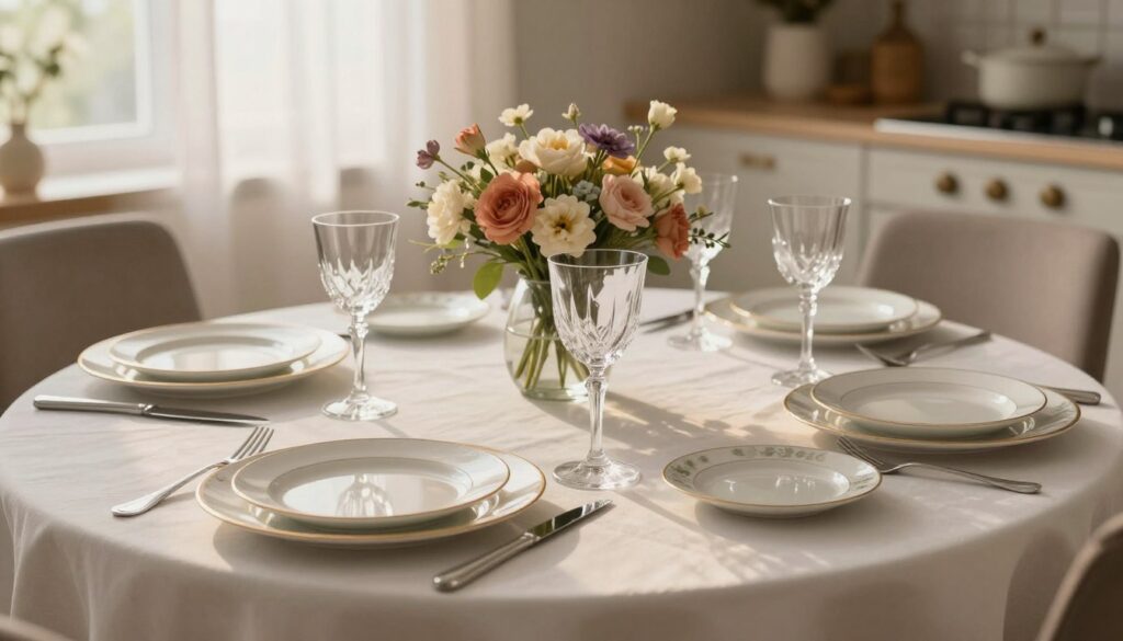 A beautifully arranged dining table set with elegant tableware, showcasing a collection of porcelain plates, gleaming cutlery, and crystal glasses. The foreground features a delicate floral centerpiece, with soft, vibrant blooms in muted tones. In the middle, the sumptuous table is adorned with a crisp, white tablecloth, reflecting light to create a warm, inviting atmosphere. The background is softly blurred, hinting at a cozy dining space with natural light filtering through sheer curtains, enhancing the setting's charm. The scene is illuminated by warm ambient lighting, capturing the essence of everyday elegance in a kitchen or dining area. The overall mood is serene and stylish, perfect for daily dining experiences. A beautifully arranged dining table set with elegant tableware, showcasing a collection of porcelain plates, gleaming cutlery, and crystal glasses. The foreground features a delicate floral centerpiece, with soft, vibrant blooms in muted tones. In the middle, the sumptuous table is adorned with a crisp, white tablecloth, reflecting light to create a warm, inviting atmosphere. The background is softly blurred, hinting at a cozy dining space with natural light filtering through sheer curtains, enhancing the setting's charm. The scene is illuminated by warm ambient lighting, capturing the essence of everyday elegance in a kitchen or dining area. The overall mood is serene and stylish, perfect for daily dining experiences.