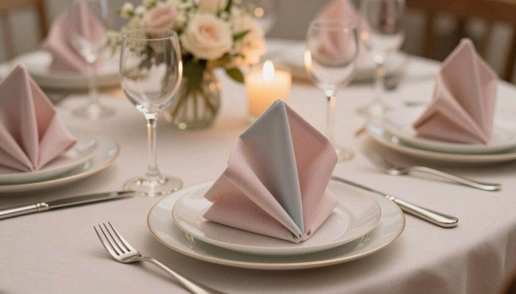 A beautifully arranged dining table showcases elegant paper napkin folds, styled to match the theme of a sophisticated celebration. In the foreground, intricately folded napkins in soft pastel colors sit atop delicate white china plates, surrounded by sparkling glassware. The middle section features elegantly set cutlery, with polished silver forks and knives placed artistically alongside the plates. In the background, soft candlelight flickers, creating a warm, inviting glow, while the table is adorned with subtle floral decorations that speak to the occasion's character. The scene is captured with soft, diffused lighting, evoking a serene and refined atmosphere. The angle is slightly elevated, providing a comprehensive view of the table setting, inviting viewers to admire the harmonious coordination of colors and styles.