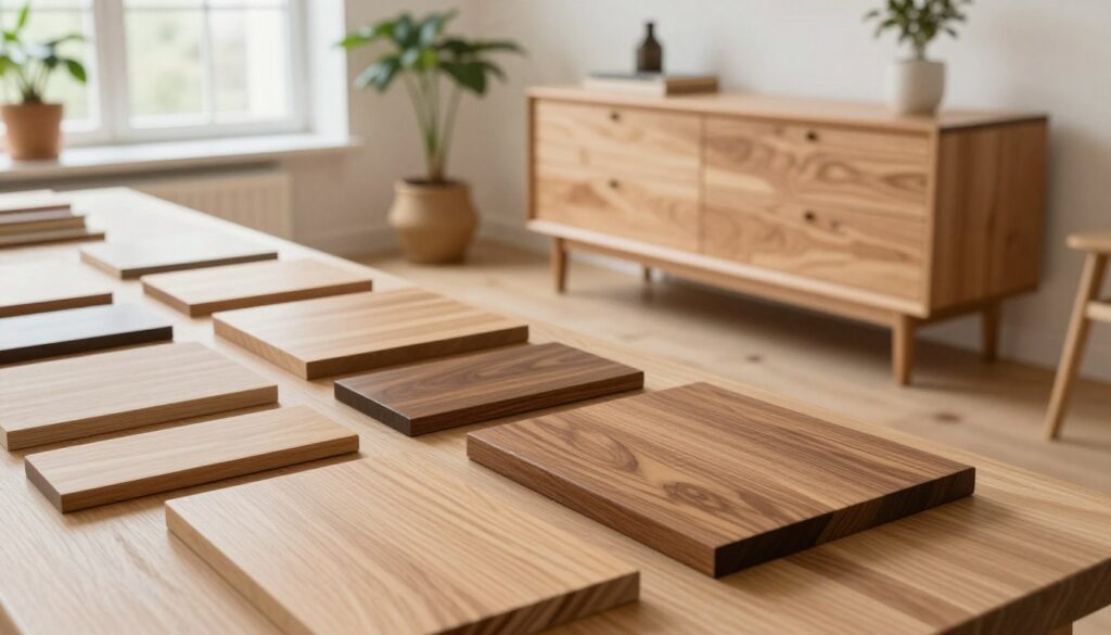 A beautifully arranged display of various types of Danish wood, showcasing popular species used in Scandinavian design projects. In the foreground, feature a variety of polished wooden samples, highlighting the rich grain patterns of oak, maple, and teak, with soft natural lighting enhancing their textures. The middle ground presents a stylish Scandinavian-style furniture piece, such as a minimalist dresser made of the featured woods, elegantly placed on a light-colored wooden floor. In the background, a serene and airy room with large windows allowing soft daylight to stream in, accented by indoor plants that complement the natural wood tones. The atmosphere is warm and inviting, reflecting a sense of simplicity, quality, and functionality in Danish design.