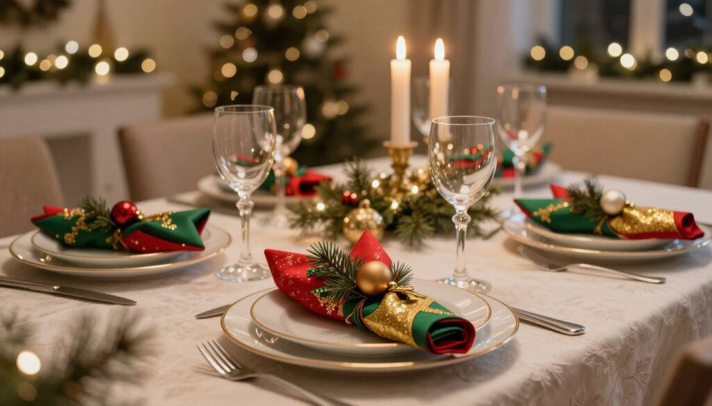 A beautifully arranged holiday dinner table set for Christmas, showcasing elegant "serwetki świąteczne" (holiday napkins) as the central focus. In the foreground, the napkins are intricately folded in festive shapes, featuring traditional colors like red, green, and gold, adorned with small ornaments and pine branches. The middle ground captures a neatly laid out table with fine china, sparkling glassware, and flickering candles, enhancing the warm and inviting atmosphere. In the background, a softly lit room decorated with holiday garlands and twinkling fairy lights sets a cozy yet elegant mood. The scene is illuminated by soft, warm lighting, creating a sense of intimacy. The image should evoke the magic of the holiday season and inspire readers with festive table-setting ideas.