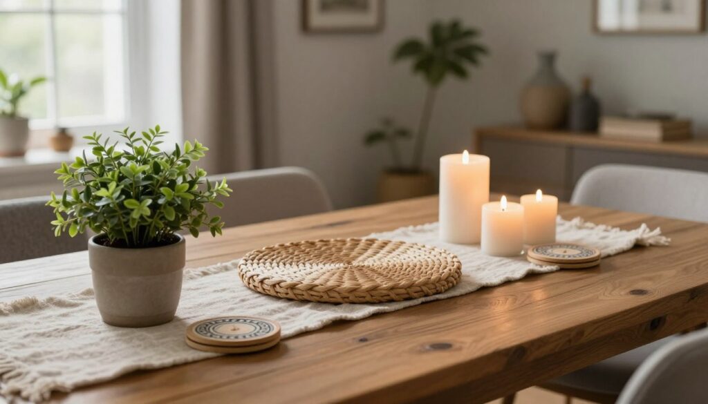A beautifully arranged living room table featuring natural accents that evoke a warm and cozy atmosphere. In the foreground, showcase a rustic wooden table adorned with a lush green potted plant, a stylish woven centerpiece, and a few artisanal coasters. The middle ground should highlight a soft, neutral table runner that adds texture, complemented by decorative candles of varying heights, casting a gentle, inviting glow. In the background, subtly suggest a tastefully decorated living room with muted colors and natural light streaming in from a nearby window, illuminating the scene. The lighting should be soft and diffused, creating a serene and stylish ambiance perfect for everyday settings. Focus on a warm color palette that enhances the overall comfort of the space. A beautifully arranged living room table featuring natural accents that evoke a warm and cozy atmosphere. In the foreground, showcase a rustic wooden table adorned with a lush green potted plant, a stylish woven centerpiece, and a few artisanal coasters. The middle ground should highlight a soft, neutral table runner that adds texture, complemented by decorative candles of varying heights, casting a gentle, inviting glow. In the background, subtly suggest a tastefully decorated living room with muted colors and natural light streaming in from a nearby window, illuminating the scene. The lighting should be soft and diffused, creating a serene and stylish ambiance perfect for everyday settings. Focus on a warm color palette that enhances the overall comfort of the space.