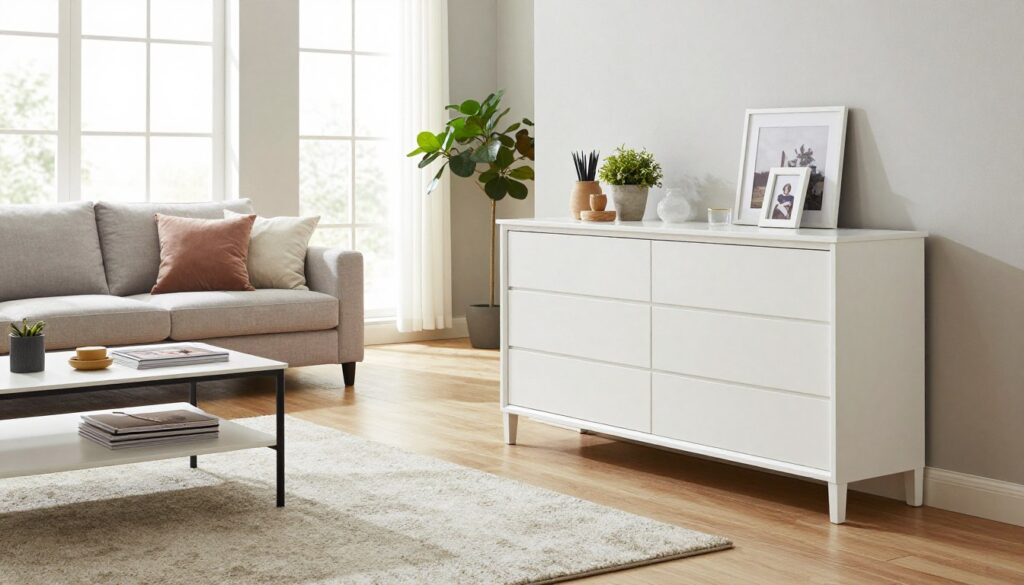 A beautifully arranged modern living room featuring an elegant white furniture set, including a stylish 140 cm wide dresser as the focal point. In the foreground, the dresser showcases decorative items like potted plants and framed photos, while a plush area rug lies beneath. The middle ground features a cozy seating area with a light gray sofa and accent cushions, complemented by a sleek coffee table adorned with magazines. In the background, large windows let in soft, natural light, enhancing the warm atmosphere. The color palette consists of soft whites, greys, and earthy tones. The overall mood is inviting and serene, perfect for relaxation and socializing, captured from a wide angle to emphasize spaciousness.