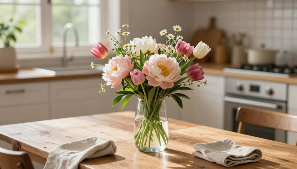 A beautifully arranged modern vase filled with an assortment of fresh, vibrant flowers, including peonies, tulips, and daisies. The vase, made of clear glass with a sleek, minimalist design, sits elegantly at the center of a rustic wooden table, adorned with soft linen napkins. In the background, a softly lit kitchen with warm tones and greenery peeking from the windows creates a cozy atmosphere. Sunlight filters through, casting gentle shadows and enhancing the colors of the flowers. Capture this scene from a slightly elevated angle to emphasize the juxtaposition of the delicate flowers against the sturdy wooden table. Aim for a serene and inviting mood, perfect for daily table decoration inspiration. A beautifully arranged modern vase filled with an assortment of fresh, vibrant flowers, including peonies, tulips, and daisies. The vase, made of clear glass with a sleek, minimalist design, sits elegantly at the center of a rustic wooden table, adorned with soft linen napkins. In the background, a softly lit kitchen with warm tones and greenery peeking from the windows creates a cozy atmosphere. Sunlight filters through, casting gentle shadows and enhancing the colors of the flowers. Capture this scene from a slightly elevated angle to emphasize the juxtaposition of the delicate flowers against the sturdy wooden table. Aim for a serene and inviting mood, perfect for daily table decoration inspiration.