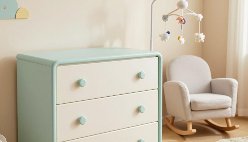 A beautifully arranged nursery room showcasing an elegant baby dresser, emphasizing aesthetic appeal and functionality. In the foreground, the dresser features smooth, rounded edges for safety, with soft pastel colors such as pale mint and creamy white, and stylish storage drawers adorned with minimalist handles. In the middle ground, a cozy rocking chair complements the dresser, and an attractive mobile hangs above, adding to the room's charm. The background displays softly painted walls with whimsical decorations, creating a joyful atmosphere. The lighting is warm and inviting, capturing the essence of a serene and safe environment for both the baby and parents. The scene is viewed from a slightly elevated angle, highlighting the overall harmony and design of the space. A beautifully arranged nursery room showcasing an elegant baby dresser, emphasizing aesthetic appeal and functionality. In the foreground, the dresser features smooth, rounded edges for safety, with soft pastel colors such as pale mint and creamy white, and stylish storage drawers adorned with minimalist handles. In the middle ground, a cozy rocking chair complements the dresser, and an attractive mobile hangs above, adding to the room's charm. The background displays softly painted walls with whimsical decorations, creating a joyful atmosphere. The lighting is warm and inviting, capturing the essence of a serene and safe environment for both the baby and parents. The scene is viewed from a slightly elevated angle, highlighting the overall harmony and design of the space.