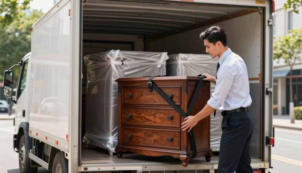 A beautifully arranged scene depicting the safe transport of elegant furniture, specifically a classic Ludwik-style chest of drawers. In the foreground, a well-dressed professional in business attire carefully secures the chest using protective wrapping and sturdy straps. The middle ground features a large, well-structured delivery truck with a padded interior, showcasing additional wrapped furniture pieces. The background includes a sunny urban landscape, emphasizing a safe and organized transportation process. Soft, natural lighting illuminates the scene, enhancing the polished finish of the furniture. Capture the mood of care and professionalism, ensuring a sense of sophistication and reliability in the transport process. A beautifully arranged scene depicting the safe transport of elegant furniture, specifically a classic Ludwik-style chest of drawers. In the foreground, a well-dressed professional in business attire carefully secures the chest using protective wrapping and sturdy straps. The middle ground features a large, well-structured delivery truck with a padded interior, showcasing additional wrapped furniture pieces. The background includes a sunny urban landscape, emphasizing a safe and organized transportation process. Soft, natural lighting illuminates the scene, enhancing the polished finish of the furniture. Capture the mood of care and professionalism, ensuring a sense of sophistication and reliability in the transport process.