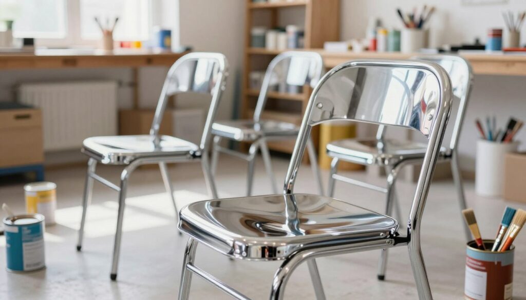 A beautifully arranged scene featuring a set of chrome chairs in a bright, well-lit workshop environment. The foreground showcases a close-up of one of the chrome chairs, glistening under the soft rays of natural light that enhance its reflective surface. In the middle, there are cans of paint and brushes artistically scattered, indicating preparation for a painting project. The background features shelves filled with painting supplies and tools, providing a sense of an organized workspace. The atmosphere is vibrant and focused, conveying a sense of creativity and craftsmanship. The composition is framed with a slight tilt, adding dynamic appeal, while maintaining sharp focus on the chairs to emphasize their chrome finish and detailing.