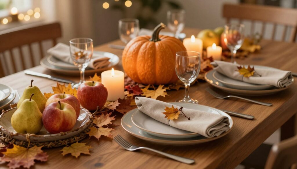 A beautifully arranged seasonal dining table set for an intimate gathering, showcasing vivid autumn colors. In the foreground, there are elegantly folded napkins nestled in rustic wooden holders, alongside tasteful ceramic dishes adorned with colorful seasonal fruits like apples and pears. The middle ground features a striking centerpiece made of a pumpkin, surrounded by candles and scattered leaves, adding warmth and texture. In the background, softly blurred fairy lights create a cozy ambiance, enhancing the inviting atmosphere. The lighting is warm and soft, simulating the golden hour just before sunset, captured from a slight overhead angle for depth. The overall mood is inviting and homely, perfect for a festive gathering, highlighting the theme of seasonal changes in table decoration. A beautifully arranged seasonal dining table set for an intimate gathering, showcasing vivid autumn colors. In the foreground, there are elegantly folded napkins nestled in rustic wooden holders, alongside tasteful ceramic dishes adorned with colorful seasonal fruits like apples and pears. The middle ground features a striking centerpiece made of a pumpkin, surrounded by candles and scattered leaves, adding warmth and texture. In the background, softly blurred fairy lights create a cozy ambiance, enhancing the inviting atmosphere. The lighting is warm and soft, simulating the golden hour just before sunset, captured from a slight overhead angle for depth. The overall mood is inviting and homely, perfect for a festive gathering, highlighting the theme of seasonal changes in table decoration.