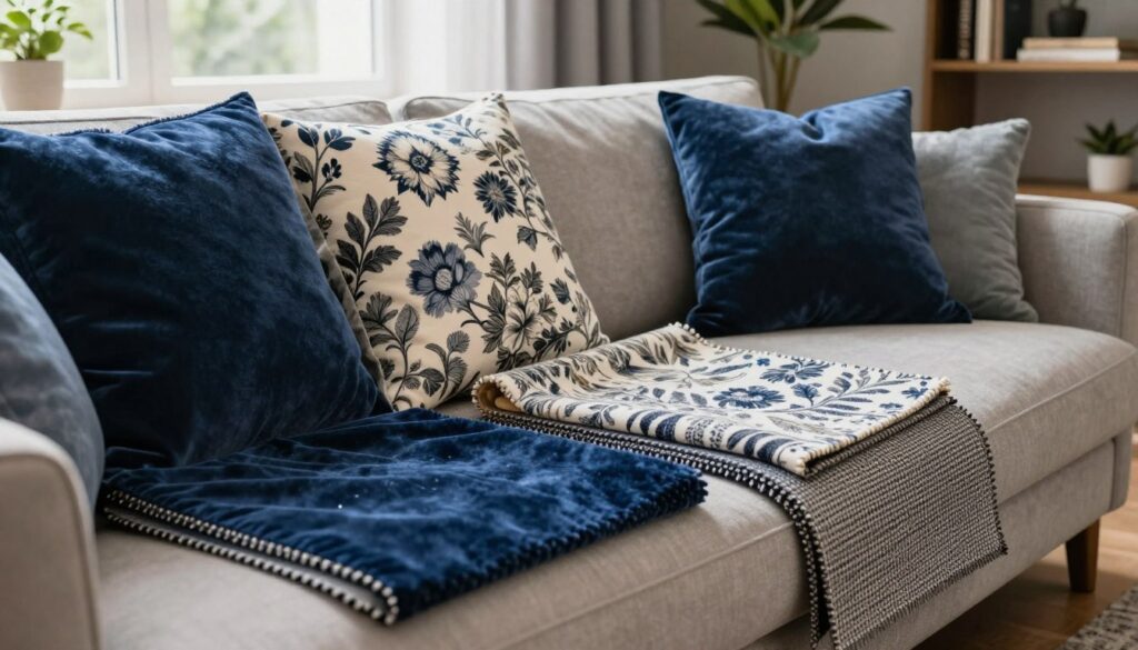 A beautifully arranged selection of various upholstery fabrics for a sofa, showcasing a variety of textures and patterns. In the foreground, feature swatches of luxurious materials in rich colors like deep blue velvet, elegant floral prints, and durable woven fabrics. The middle ground captures a cozy living room setting with a partially reupholstered sofa, highlighting the fabric choices in natural daylight streaming through a window. The background offers a glimpse of stylish decor, including potted plants and bookshelves, creating a warm and inviting atmosphere. Use soft, diffused lighting to enhance the textures and colors of the fabrics, focusing on a clear, sharp angle to emphasize the quality and selection. The mood should be sophisticated yet welcoming, embodying the essence of thoughtful interior design choices. A beautifully arranged selection of various upholstery fabrics for a sofa, showcasing a variety of textures and patterns. In the foreground, feature swatches of luxurious materials in rich colors like deep blue velvet, elegant floral prints, and durable woven fabrics. The middle ground captures a cozy living room setting with a partially reupholstered sofa, highlighting the fabric choices in natural daylight streaming through a window. The background offers a glimpse of stylish decor, including potted plants and bookshelves, creating a warm and inviting atmosphere. Use soft, diffused lighting to enhance the textures and colors of the fabrics, focusing on a clear, sharp angle to emphasize the quality and selection. The mood should be sophisticated yet welcoming, embodying the essence of thoughtful interior design choices.