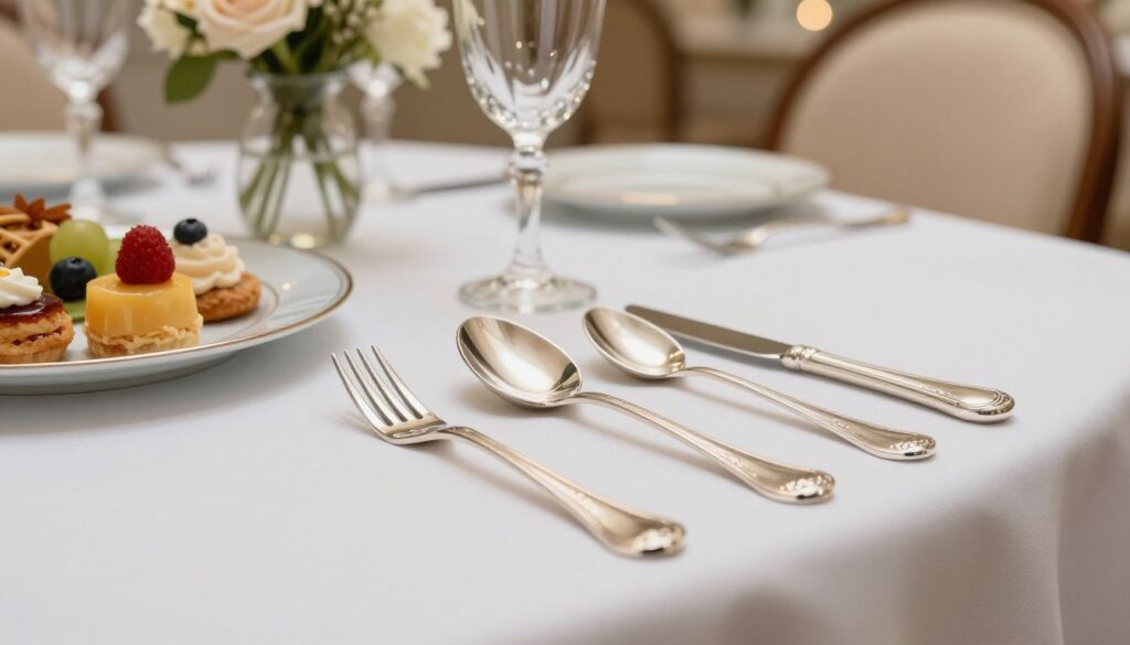 A beautifully arranged set of dessert cutlery, including elegant forks and spoons, placed on a pristine white tablecloth. The cutlery features intricate silver detailing and polished surfaces that reflect soft, ambient lighting. In the foreground, a delicately crafted plate of desserts, such as pastries and fruits, complements the cutlery arrangement. The middle ground showcases the inviting dining setting with a well-set table, adorned with tasteful crystal glasses and a vase of fresh flowers. The background includes a softly blurred view of a dining room with warm lighting, creating a cozy and refined atmosphere. The overall mood conveys sophistication and elegance, ideal for special occasions, while subtly highlighting the importance of dessert utensils in a dining context. Capture this scene with a focus on clarity and detail, using a slightly elevated angle to emphasize the table setting.