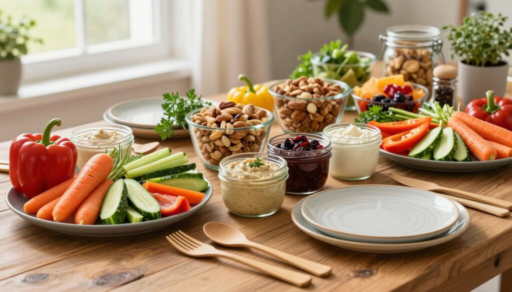 A beautifully arranged spread of zero waste snacks on a rustic wooden table, featuring vibrant vegetable platters with colorful bell peppers, carrots, and cucumbers arranged artfully alongside homemade dips in small glass jars. In the foreground, eco-friendly bamboo cutlery and ceramic plates can be seen, enhancing the sustainable theme. The middle ground showcases glass containers filled with assorted nuts and dried fruits, surrounded by fresh herbs for garnish. In the background, soft natural lighting filters through a window, casting a warm glow over the scene. The atmosphere is inviting and festive, perfect for a gathering, with greenery plants subtly placed to enhance the earthy feel. The composition is shot from a slightly elevated angle, emphasizing the variety and abundance of the snacks while maintaining a clean and organized aesthetic.