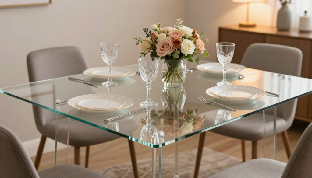 A beautifully arranged table featuring a clear, glossy polycarbonate sheet as a protective and decorative tabletop covering. In the foreground, the polycarbonate sheet captures the subtle reflections of elegant tableware, including a sophisticated plate and a sparkling glass. The middle ground showcases the table adorned with a tasteful floral centerpiece, using soft, muted colors that complement the modern design of the clear polycarbonate. The background reveals a cozy, well-lit dining room, with warm lighting emanating from stylish pendant lamps, creating a welcoming atmosphere. The angle should be slightly elevated to provide a comprehensive view of the table setup, emphasizing the versatile use of polycarbonate as a chic alternative to traditional glass. The overall mood is inviting and contemporary.