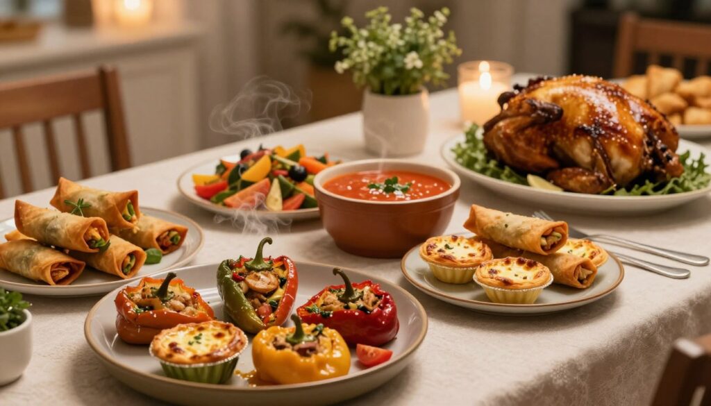 A beautifully arranged table featuring an array of warm dishes for a party setting, showcasing delicious appetizers perfect for hungry guests. In the foreground, a steaming dish of savory stuffed peppers, golden-brown mini quiches, and crispy spring rolls on elegant platters. The middle ground includes a colorful vegetable stir-fry, bubbling tomato basil soup in a rustic bowl, and a succulent roasted chicken, all artfully garnished. The background reveals a softly lit atmosphere with warm ambient lighting, enhancing the inviting mood. A simple, elegant tablecloth and tasteful decorations like fresh herbs in small pots add to the cozy feel. The scene is shot from a slightly elevated angle, highlighting the delightful spread that evokes a sense of comfort and celebration.