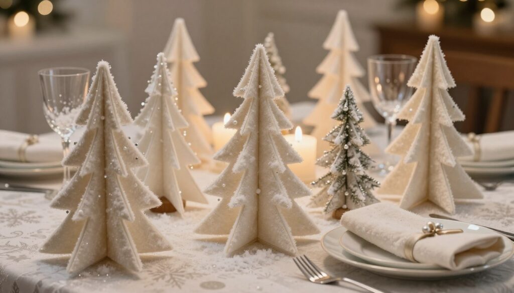 A beautifully arranged table scene featuring delicate winter-themed trees made from soft, textured fleece napkins, artistically folded into intricate pine tree shapes. The foreground showcases several of these elegant trees, each adorned with subtle decorative elements like tiny beads and glittering faux snow, capturing the essence of a holiday celebration. In the middle ground, a festive table setting includes elegant dinnerware and sparkling glassware, with soft candlelight casting a warm glow. The background features a softly blurred tablecloth with winter patterns that enhance the cozy atmosphere. The overall mood is warm and inviting, perfect for a Christmas gathering, illuminated by gentle, ambient lighting that enhances the sparkle of the decorations. The scene is shot from a slightly elevated angle to capture the arrangement's depth and elegance. A beautifully arranged table scene featuring delicate winter-themed trees made from soft, textured fleece napkins, artistically folded into intricate pine tree shapes. The foreground showcases several of these elegant trees, each adorned with subtle decorative elements like tiny beads and glittering faux snow, capturing the essence of a holiday celebration. In the middle ground, a festive table setting includes elegant dinnerware and sparkling glassware, with soft candlelight casting a warm glow. The background features a softly blurred tablecloth with winter patterns that enhance the cozy atmosphere. The overall mood is warm and inviting, perfect for a Christmas gathering, illuminated by gentle, ambient lighting that enhances the sparkle of the decorations. The scene is shot from a slightly elevated angle to capture the arrangement's depth and elegance.