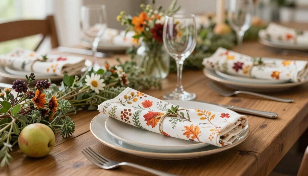 A beautifully arranged table setting featuring seasonal decorative paper napkins folded elegantly, showcasing intricate designs inspired by flowers and herbs. In the foreground, the napkins are displayed prominently, adorned with delicate floral patterns in vibrant autumn colors. The middle ground reveals a tastefully set dining table with rustic wooden elements, surrounded by small bouquets of fresh flowers and herbs, adding a touch of nature. The background features soft, diffused lighting that creates a warm, inviting atmosphere, with hints of greenery and seasonal fruits softly blurred out for depth. The photo should capture the essence of a cozy, festive gathering, ideal for highlighting seasonal decorations without any text or overlays. A beautifully arranged table setting featuring seasonal decorative paper napkins folded elegantly, showcasing intricate designs inspired by flowers and herbs. In the foreground, the napkins are displayed prominently, adorned with delicate floral patterns in vibrant autumn colors. The middle ground reveals a tastefully set dining table with rustic wooden elements, surrounded by small bouquets of fresh flowers and herbs, adding a touch of nature. The background features soft, diffused lighting that creates a warm, inviting atmosphere, with hints of greenery and seasonal fruits softly blurred out for depth. The photo should capture the essence of a cozy, festive gathering, ideal for highlighting seasonal decorations without any text or overlays.