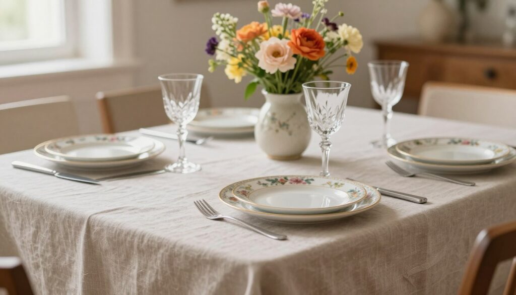 A beautifully arranged table setting showcasing an elegant and inviting tabletop background. The foreground features a soft, textured linen tablecloth in subtle pastel shades, enhancing the cozy atmosphere. In the middle ground, delicate porcelain dishes with intricate floral patterns sit alongside crystal glassware, reflecting soft light. A casual yet sophisticated arrangement of fresh seasonal flowers in a charming vase adds a touch of vibrancy. The background subtly fades with a warm, blurred interior that evokes a relaxed dining environment, illuminated by gentle, natural light filtering through a nearby window. The overall mood is serene and inviting, perfect for everyday dining decor. The composition is captured from a slightly elevated angle, highlighting the details and layering of the table arrangement. A beautifully arranged table setting showcasing an elegant and inviting tabletop background. The foreground features a soft, textured linen tablecloth in subtle pastel shades, enhancing the cozy atmosphere. In the middle ground, delicate porcelain dishes with intricate floral patterns sit alongside crystal glassware, reflecting soft light. A casual yet sophisticated arrangement of fresh seasonal flowers in a charming vase adds a touch of vibrancy. The background subtly fades with a warm, blurred interior that evokes a relaxed dining environment, illuminated by gentle, natural light filtering through a nearby window. The overall mood is serene and inviting, perfect for everyday dining decor. The composition is captured from a slightly elevated angle, highlighting the details and layering of the table arrangement.