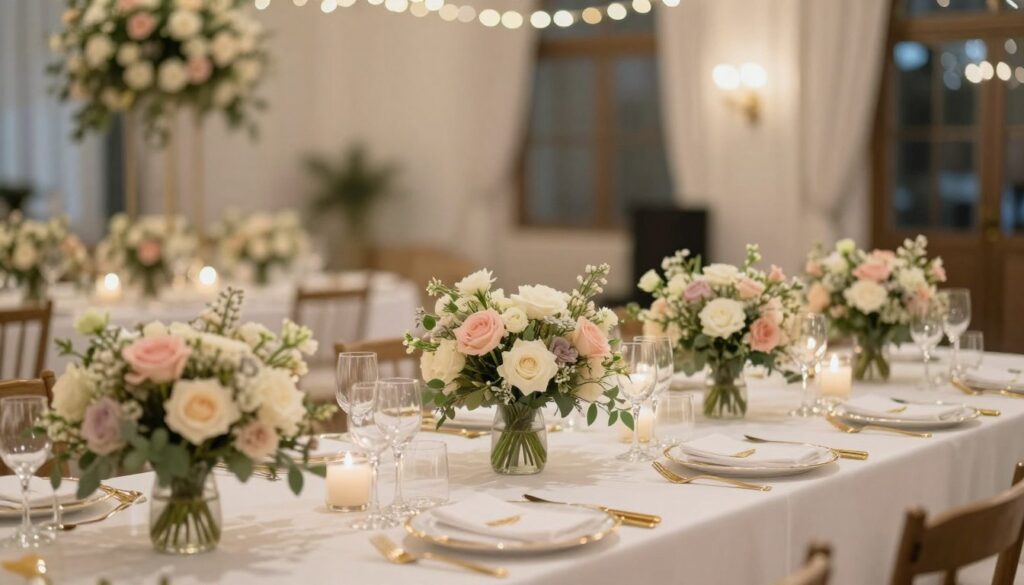 A beautifully arranged wedding table, elegantly set for a celebration. The foreground features delicate floral centerpieces in soft pastels, with low-profile arrangements that enhance visibility across the table. Each bouquet is thoughtfully designed to incorporate height variations without obstructing diners' views. The middle section showcases crisp white tablecloths adorned with golden cutlery and elegant glassware that catch the light. The background reveals soft, ambient lighting, accentuating a romantic atmosphere, with gentle bokeh effects creating a dreamy depth. The table is placed in a charming indoor venue, with tasteful decorations and subtle fairy lights twinkling overhead, fostering a warm and inviting mood, perfect for a wedding celebration. A beautifully arranged wedding table, elegantly set for a celebration. The foreground features delicate floral centerpieces in soft pastels, with low-profile arrangements that enhance visibility across the table. Each bouquet is thoughtfully designed to incorporate height variations without obstructing diners' views. The middle section showcases crisp white tablecloths adorned with golden cutlery and elegant glassware that catch the light. The background reveals soft, ambient lighting, accentuating a romantic atmosphere, with gentle bokeh effects creating a dreamy depth. The table is placed in a charming indoor venue, with tasteful decorations and subtle fairy lights twinkling overhead, fostering a warm and inviting mood, perfect for a wedding celebration.