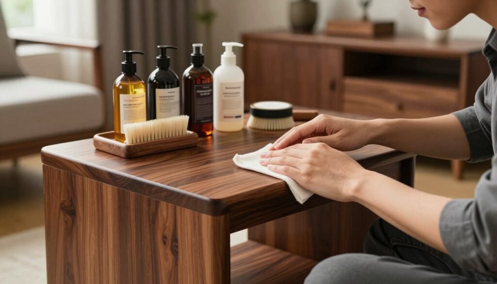 A beautifully arranged wooden side table crafted from rich wenge wood, showcasing its elegant dark grains and polished surface. In the foreground, a person is gently applying a premium wood conditioner using a soft cloth, demonstrating proper care techniques. The person is dressed in smart casual attire, and their focused expression reflects diligence and attention to detail. The middle ground shows an array of wood care products, including oils and cleaning supplies arranged neatly around the table. The background features a softly lit, stylish living room with dark wood elements that enhance the sophistication of the scene. Warm, natural lighting filters through a nearby window, creating an inviting atmosphere that emphasizes the beauty and maintenance of wooden furniture.