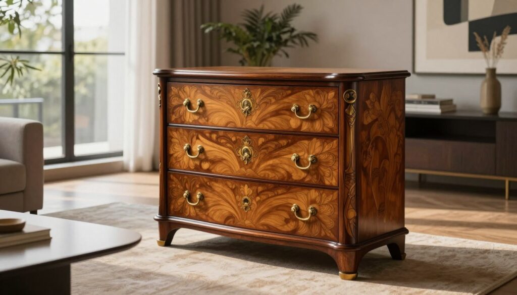 A beautifully crafted Art Nouveau chest of drawers, featuring intricate, flowing floral designs and ornate brass handles. The piece is displayed in a modern living room setting, with soft, ambient lighting that highlights its curved lines and rich wood grain. In the foreground, a sleek, minimalist coffee table complements the chest, while a plush area rug adds warmth beneath them. In the middle ground, large windows allow natural light to pour in, casting gentle shadows and enhancing the elegance of the space. The background showcases contemporary decor elements like abstract art and potted plants, creating a harmonious blend of historic charm and modern aesthetics. The overall mood is sophisticated and inviting, celebrating the timeless beauty of the secesyjna style. A beautifully crafted Art Nouveau chest of drawers, featuring intricate, flowing floral designs and ornate brass handles. The piece is displayed in a modern living room setting, with soft, ambient lighting that highlights its curved lines and rich wood grain. In the foreground, a sleek, minimalist coffee table complements the chest, while a plush area rug adds warmth beneath them. In the middle ground, large windows allow natural light to pour in, casting gentle shadows and enhancing the elegance of the space. The background showcases contemporary decor elements like abstract art and potted plants, creating a harmonious blend of historic charm and modern aesthetics. The overall mood is sophisticated and inviting, celebrating the timeless beauty of the secesyjna style.