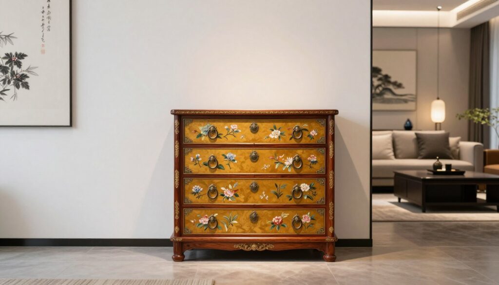 A beautifully crafted Chinese commode, showcasing intricate hand-painted floral patterns and ornate hardware, sits elegantly in a modern living room. In the foreground, the commode's vibrant colors contrast with minimalist white walls and sleek furniture. The middle ground shows an inviting seating area with contemporary decor, emphasizing the blend of traditional and modern styles. Soft, warm lighting bathes the room, highlighting the textures of the wooden surface. The background features subtle Asian-inspired artwork on the walls, enhancing the oriental accent. The overall mood is serene and harmonious, illustrating how the commode can enhance both contemporary and classic interiors, creating a defined focal point in the space.