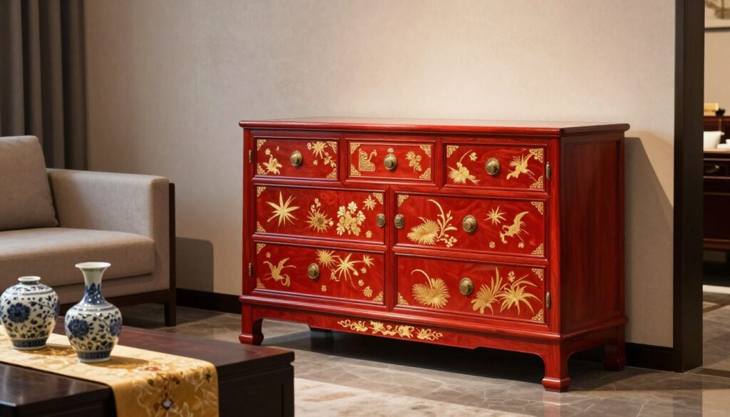 A beautifully crafted Chinese komoda, featuring intricate woodwork and vibrant red lacquer with detailed gold leaf accents. The komoda is placed in an elegantly styled living room setting with a mix of modern and traditional elements, surrounded by soft, ambient lighting that highlights the rich textures of the furniture. In the foreground, delicate porcelain vases and a silk table runner add to the oriental charm, while in the middle ground, a minimalist, contemporary sofa complements the komoda’s ornate design. The background features subtle patterns on the walls, enhancing the atmosphere of cultural fusion. Soft shadows and warm light create a serene and inviting mood, emphasizing the beauty of Chinese design in modern and classic interiors.