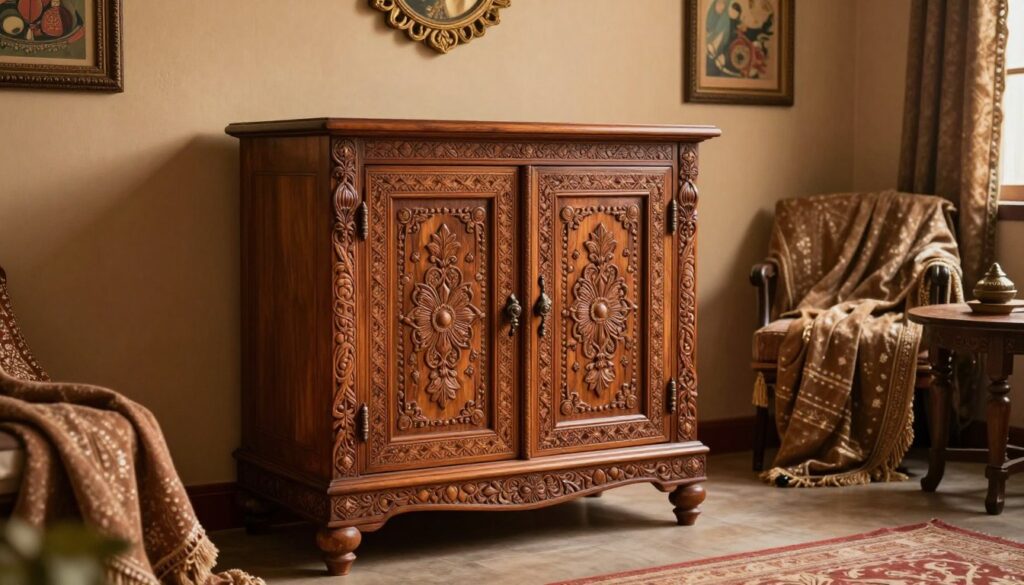 A beautifully crafted Indian cabinet, showcasing intricate wood carvings depicting traditional motifs, sits elegantly in a warmly lit room. The foreground features the cabinet adorned with ornamental details, such as floral patterns and geometric shapes, highlighting its artisanal craftsmanship. In the middle ground, soft textiles in earthy tones drape over chairs and a nearby table, enhancing the Oriental atmosphere. The background reveals a tastefully decorated wall with Indian artwork and decorative elements, creating a cohesive cultural aesthetic. The lighting is warm and inviting, casting gentle shadows that emphasize the wood grain and carvings. The mood is serene and sophisticated, inviting viewers to appreciate the beauty of Indian furniture in home design. A beautifully crafted Indian cabinet, showcasing intricate wood carvings depicting traditional motifs, sits elegantly in a warmly lit room. The foreground features the cabinet adorned with ornamental details, such as floral patterns and geometric shapes, highlighting its artisanal craftsmanship. In the middle ground, soft textiles in earthy tones drape over chairs and a nearby table, enhancing the Oriental atmosphere. The background reveals a tastefully decorated wall with Indian artwork and decorative elements, creating a cohesive cultural aesthetic. The lighting is warm and inviting, casting gentle shadows that emphasize the wood grain and carvings. The mood is serene and sophisticated, inviting viewers to appreciate the beauty of Indian furniture in home design.