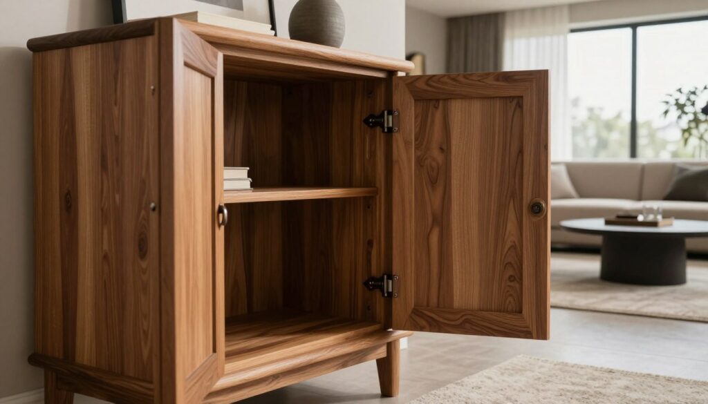 A beautifully crafted artisan oak cabinet, showcasing intricate woodwork and a rich, warm finish, dominates the foreground. The cabinet is slightly open, revealing smooth, polished shelves inside. In the middle ground, a softly illuminated modern living room exudes a cozy atmosphere, featuring stylish decor that complements the cabinet's natural wood tones. A plush, neutral-toned rug and minimalistic furniture enhance the sophisticated yet inviting ambiance. In the background, large windows allow soft, natural light to filter in, casting gentle shadows and highlighting the grain of the wood. The overall mood is serene and elegant, perfect for showcasing high-quality craftsmanship and modern interior design. The angle captures the cabinet from a slight upward perspective, emphasizing its stature and the beauty of the materials. A beautifully crafted artisan oak cabinet, showcasing intricate woodwork and a rich, warm finish, dominates the foreground. The cabinet is slightly open, revealing smooth, polished shelves inside. In the middle ground, a softly illuminated modern living room exudes a cozy atmosphere, featuring stylish decor that complements the cabinet's natural wood tones. A plush, neutral-toned rug and minimalistic furniture enhance the sophisticated yet inviting ambiance. In the background, large windows allow soft, natural light to filter in, casting gentle shadows and highlighting the grain of the wood. The overall mood is serene and elegant, perfect for showcasing high-quality craftsmanship and modern interior design. The angle captures the cabinet from a slight upward perspective, emphasizing its stature and the beauty of the materials.