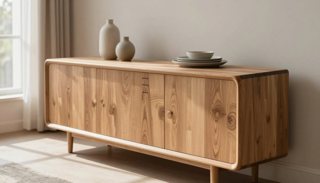 A beautifully crafted artisan oak (dąb) furniture piece, featuring intricate wood grain patterns and a warm, natural finish. The foreground showcases a modern sideboard with soft, rounded edges, designed to complement contemporary interiors. In the middle ground, subtle decor elements like minimalistic vases and stylish tableware are arranged tastefully atop the sideboard, emphasizing functionality and aesthetics. The background highlights a cozy living space with a soft, neutral color palette, plush textiles, and natural light streaming in through a large window, casting gentle shadows. The atmosphere is warm and inviting, showcasing how artisan oak can serve as a versatile base for chic, modern arrangements. The image captures the elegance of the furniture with a slight focus on texture, created using a soft depth of field effect. A beautifully crafted artisan oak (dąb) furniture piece, featuring intricate wood grain patterns and a warm, natural finish. The foreground showcases a modern sideboard with soft, rounded edges, designed to complement contemporary interiors. In the middle ground, subtle decor elements like minimalistic vases and stylish tableware are arranged tastefully atop the sideboard, emphasizing functionality and aesthetics. The background highlights a cozy living space with a soft, neutral color palette, plush textiles, and natural light streaming in through a large window, casting gentle shadows. The atmosphere is warm and inviting, showcasing how artisan oak can serve as a versatile base for chic, modern arrangements. The image captures the elegance of the furniture with a slight focus on texture, created using a soft depth of field effect.