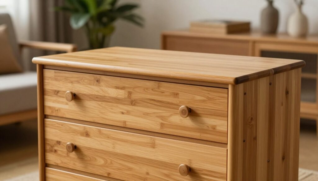 A beautifully crafted bamboo chest of drawers, showcasing the natural grain and rich, warm tones of bamboo. The chest is positioned prominently in the foreground, its smooth texture and sturdy construction highlighted by soft, diffused lighting. In the middle ground, a cozy, inviting living space is visible, with warm colors and earthy decor elements that complement the bamboo furniture. The background features a softly blurred, lush indoor plant to evoke a sense of tranquility and natural beauty. The mood is serene and harmonious, with a focus on the durability and aesthetic appeal of bamboo compared to traditional wood. The composition is captured from a slight angle, emphasizing the craftsmanship while maintaining a professional, polished look.