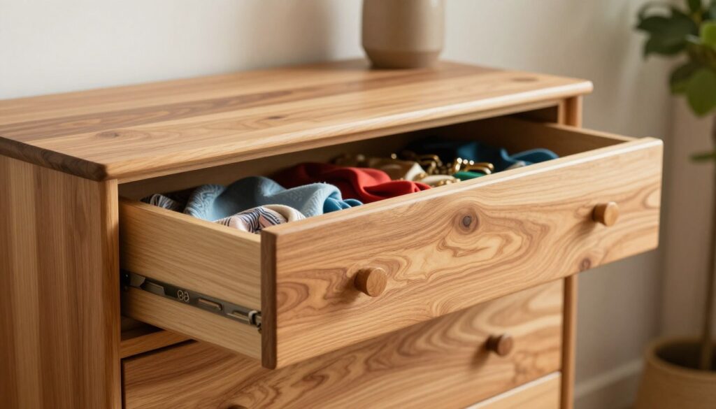 A beautifully crafted beech wood dresser, showcasing a rich variety of natural finishes and colors, including light honey, deep amber, and soft beige tones. In the foreground, focus on the texture of the polished wood, highlighting intricate grain patterns and subtle reflections of light. The middle ground reveals an open drawer, elegantly displaying neatly arranged colorful accessories, like scarves and decorative items, that emphasize the warmth of the arrangement. In the background, softly blurred elements of a cozy room setting with neutral-colored walls and a hint of faux greenery to enhance the natural appeal. The scene is illuminated by warm, diffuse lighting, creating a serene and inviting atmosphere. The angle is slightly above the dresser, capturing its elegance while inviting viewers to appreciate the beauty of durable, natural furniture. A beautifully crafted beech wood dresser, showcasing a rich variety of natural finishes and colors, including light honey, deep amber, and soft beige tones. In the foreground, focus on the texture of the polished wood, highlighting intricate grain patterns and subtle reflections of light. The middle ground reveals an open drawer, elegantly displaying neatly arranged colorful accessories, like scarves and decorative items, that emphasize the warmth of the arrangement. In the background, softly blurred elements of a cozy room setting with neutral-colored walls and a hint of faux greenery to enhance the natural appeal. The scene is illuminated by warm, diffuse lighting, creating a serene and inviting atmosphere. The angle is slightly above the dresser, capturing its elegance while inviting viewers to appreciate the beauty of durable, natural furniture.