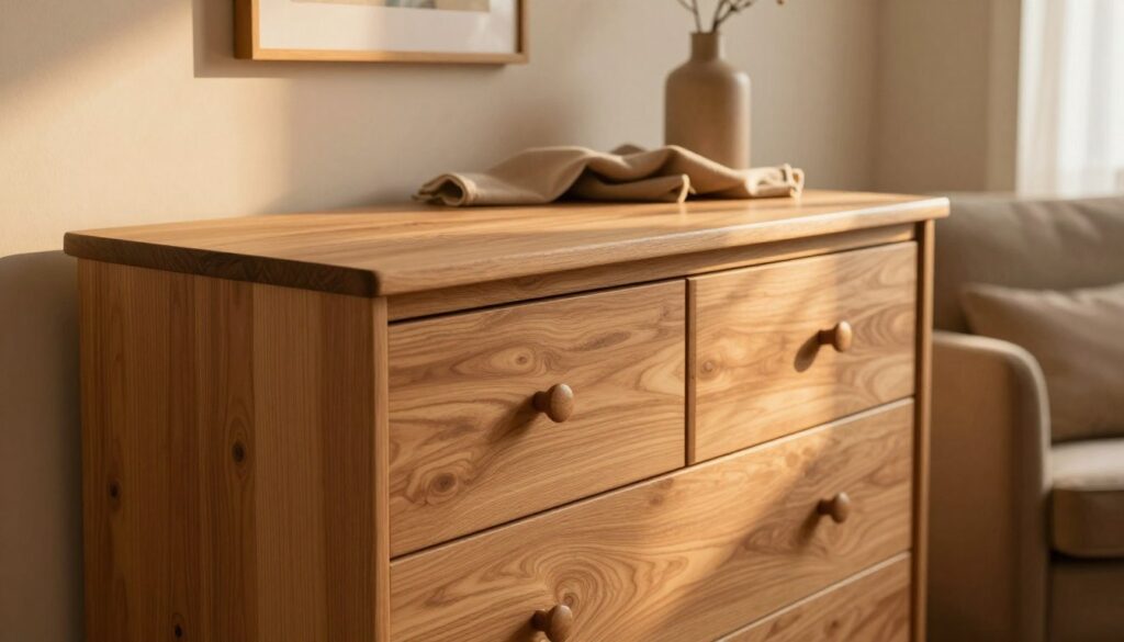 A beautifully crafted beechwood commode, showcasing its rich grain and natural finish, placed in a cozy, warmly lit living room. In the foreground, the commode features elegant handles and a smooth, polished surface, displaying subtle reflections of soft ambient light. In the middle ground, a gently draped fabric or decorative items on top of the commode enhance its functionality and aesthetic appeal. The background contains a hint of a softly colored wall with framed art, and a comfortable armchair adds to the inviting atmosphere. The scene is illuminated by golden hour sunlight filtering through a nearby window, creating a serene and harmonious environment, perfect for showcasing practical and natural furniture in everyday living. A beautifully crafted beechwood commode, showcasing its rich grain and natural finish, placed in a cozy, warmly lit living room. In the foreground, the commode features elegant handles and a smooth, polished surface, displaying subtle reflections of soft ambient light. In the middle ground, a gently draped fabric or decorative items on top of the commode enhance its functionality and aesthetic appeal. The background contains a hint of a softly colored wall with framed art, and a comfortable armchair adds to the inviting atmosphere. The scene is illuminated by golden hour sunlight filtering through a nearby window, creating a serene and harmonious environment, perfect for showcasing practical and natural furniture in everyday living.