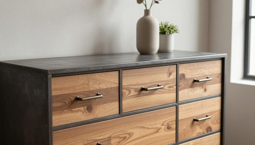 A beautifully crafted custom industrial dresser, showcasing a blend of wood and metal elements, ideal for a loft style living room or bedroom. In the foreground, the dresser displays unique textures with natural wood grains and sleek metal handles. The middle ground features a stylish minimalist vase and a small plant atop the dresser to enhance personalization. In the background, soft natural light filters through large windows, casting gentle shadows that highlight the dresser's details. The overall atmosphere feels warm and inviting, emphasizing a modern yet cozy industrial aesthetic. The image is captured at a slight angle to provide depth, with a focus on the craftsmanship and design features of the custom dresser, perfect for illustrating options in personalized furniture.