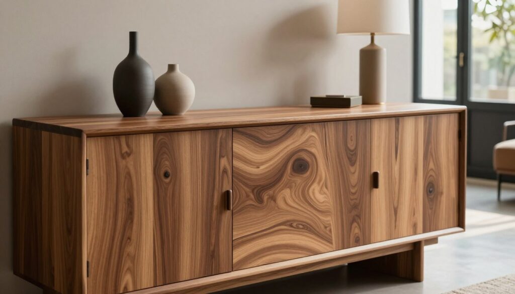 A beautifully crafted "dąb lefkas" wood texture, showcasing its rich, warm tones and intricate grain patterns. In the foreground, a stylish Evora sideboard stands elegantly, made predominantly of dąb lefkas, with its smooth, polished surface reflecting soft, ambient light. The middle ground features tasteful decorative elements, such as a few chic vases and a stylish lamp that complements the furniture. The background is a serene, modern interior with muted colors, large windows allowing natural sunlight to stream in, creating a welcoming atmosphere. The scene is captured with a soft focus lens, evoking a sense of sophistication and tranquility, making it perfect for illustrating modern design aesthetics. A beautifully crafted "dąb lefkas" wood texture, showcasing its rich, warm tones and intricate grain patterns. In the foreground, a stylish Evora sideboard stands elegantly, made predominantly of dąb lefkas, with its smooth, polished surface reflecting soft, ambient light. The middle ground features tasteful decorative elements, such as a few chic vases and a stylish lamp that complements the furniture. The background is a serene, modern interior with muted colors, large windows allowing natural sunlight to stream in, creating a welcoming atmosphere. The scene is captured with a soft focus lens, evoking a sense of sophistication and tranquility, making it perfect for illustrating modern design aesthetics.