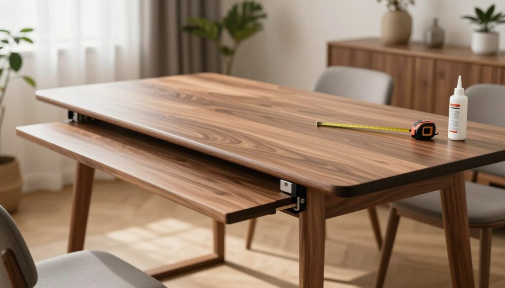 A beautifully crafted expandable dining table in a modern home setting. In the foreground, the table is partially extended, showcasing its intricate mechanism and smooth finish, made from rich, dark wood. The middle section features soft, natural lighting illuminating the wood grain and highlighting detailed craftsmanship. Scattered around the table are various tools like a measuring tape and wood glue, hinting at the DIY process of making the table. In the background, a cozy dining room is visible, complete with plant decorations and a warm ambiance created by soft white light. The overall mood is inviting and professional, suitable for illustrating a tutorial on building a foldable table.