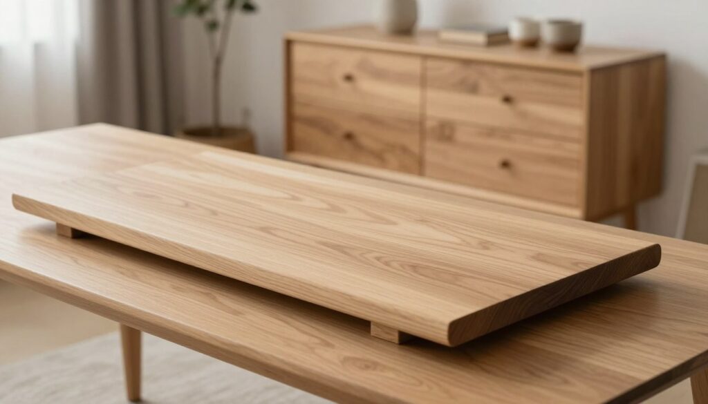 A beautifully crafted, high-quality oak board placed prominently in the foreground, showcasing its rich grain and smooth texture. The board is illuminated by soft, natural light that highlights the intricate patterns of the wood. In the middle ground, a minimalist Scandinavian-style dresser can be seen, made of the same premium oak, with clean lines and functional design. The background features a softly blurred interior space, decorated with neutral tones and minimalistic decor that reflects Nordic aesthetics. The atmosphere is calm and inviting, evoking a sense of simplicity and elegance. The angle captures a slight overhead view, emphasizing the quality of the oak and the craftsmanship of the furniture, producing a serene, harmonious composition.