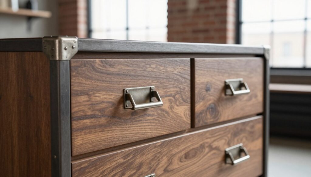 A beautifully crafted industrial-style dresser, showcasing high-quality workmanship and durable materials. In the foreground, focus on the intricate metal details, such as sturdy handles and reinforced corners, gleaming in soft, diffused lighting. The middle section reveals the dresser's robust wooden surface, featuring a rich, textured finish that accentuates its raw aesthetic. Include subtle reflections on the polished metal accents for added depth. In the background, a softly blurred urban loft setting with exposed brick walls and large windows allows natural light to filter in, creating a warm and inviting atmosphere. The overall mood is modern and sophisticated, highlighting the blend of functionality and style typical of loft furniture. A beautifully crafted industrial-style dresser, showcasing high-quality workmanship and durable materials. In the foreground, focus on the intricate metal details, such as sturdy handles and reinforced corners, gleaming in soft, diffused lighting. The middle section reveals the dresser's robust wooden surface, featuring a rich, textured finish that accentuates its raw aesthetic. Include subtle reflections on the polished metal accents for added depth. In the background, a softly blurred urban loft setting with exposed brick walls and large windows allows natural light to filter in, creating a warm and inviting atmosphere. The overall mood is modern and sophisticated, highlighting the blend of functionality and style typical of loft furniture.