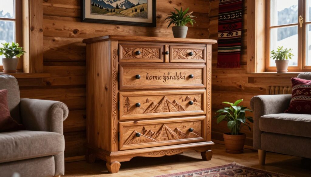 A beautifully crafted "komoda góralska" standing elegantly in a cozy rustic interior. The foreground features intricate wood carvings depicting traditional mountain motifs, showcasing the craftsmanship of the dresser. The middle of the image reveals the komoda against a backdrop of warm wooden walls adorned with local artworks and textiles, creating a harmonious alpine atmosphere. Soft, natural lighting filters in through a nearby window, casting gentle shadows that highlight the details of the furniture. A cozy armchair and potted plants complement the scene, enhancing the inviting mood. The angle captures the dresser at a slight tilt, emphasizing its presence as both a functional and decorative piece in the home or guesthouse setting. A beautifully crafted "komoda góralska" standing elegantly in a cozy rustic interior. The foreground features intricate wood carvings depicting traditional mountain motifs, showcasing the craftsmanship of the dresser. The middle of the image reveals the komoda against a backdrop of warm wooden walls adorned with local artworks and textiles, creating a harmonious alpine atmosphere. Soft, natural lighting filters in through a nearby window, casting gentle shadows that highlight the details of the furniture. A cozy armchair and potted plants complement the scene, enhancing the inviting mood. The angle captures the dresser at a slight tilt, emphasizing its presence as both a functional and decorative piece in the home or guesthouse setting.