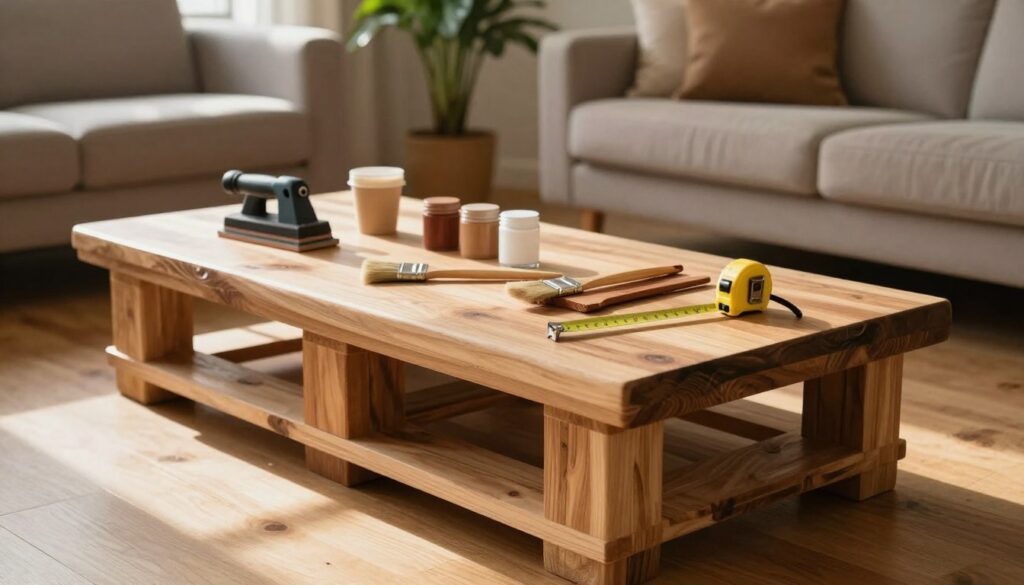 A beautifully crafted pallet coffee table sits in the foreground, showcasing a rustic design with smooth, well-sanded wood and a natural finish. In the middle, various necessary tools and materials are displayed, including a sander, paint brushes, wood stains in earthy tones, and a measuring tape, all arranged neatly. The background features a cozy living room with soft, warm lighting, highlighting the texture of the wooden floor and a green potted plant, creating an inviting atmosphere. The composition is captured at a slight angle, allowing for depth, while natural sunlight filters in through a nearby window, casting gentle shadows and adding warmth to the scene. The overall mood is creative and inspiring, perfect for a DIY project.