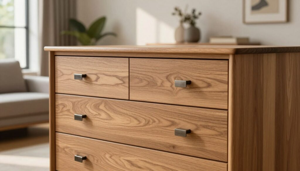 A beautifully crafted piece of oak furniture, depicting a modern Vigo chest of drawers, showcases elegant, smooth lines and a warm, rich wood finish. The foreground features the chest with its finely textured oak surface, accented by minimalist metal handles. In the middle ground, a softly lit living room environment enhances the furniture’s appeal, with light filtering through large windows, casting gentle shadows. The background reveals a cozy atmosphere with stylish decor elements like plants and neutral-toned walls that complement the furniture. The scene is alive with natural light, creating a welcoming and serene ambiance, ideal for illustrating the benefits of choosing solid oak wood furniture. The composition should evoke a sense of comfort, sophistication, and practicality.